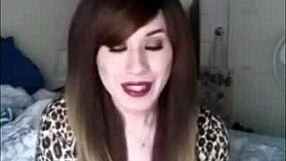 Stunning shemale strokes massive cock before explosive webcam cumshot thrill