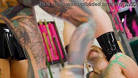 Four girls take turns dominating him in a wild group session