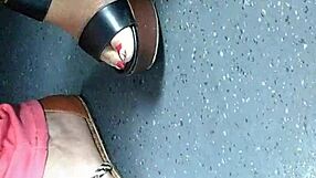 damn those candid mature feet crammed in sexy wedges sandals!