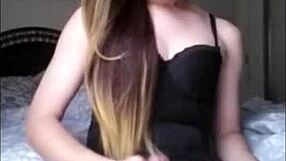 Stunning shemale strokes massive cock before explosive webcam cumshot thrill