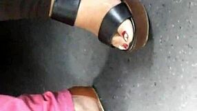 damn those candid mature feet crammed in sexy wedges sandals!