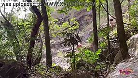 Juicy big ass latina milf's swollen pussy licked then fucked hard at waterfall