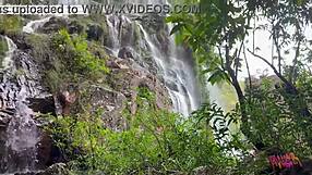 Juicy big ass latina milf's swollen pussy licked then fucked hard at waterfall