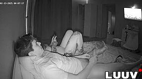 Couple's Homemade Voyeur Captures Brunette Girlfriend's Bent-Over Doggystyle Orgasm on Bed with Tattoo Tits