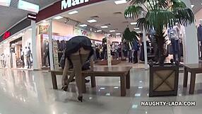 Milf teases with stockings upskirt flash nude in public outdoors