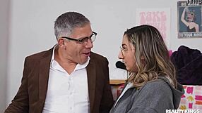 Blonde with glasses swaps cum after footjob and titty fuck in ffm threesome