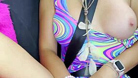 Hot Milf Fingers Shaved Pussy in Car on Way to Festival