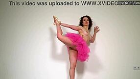 Watch this curly gymnast stretch her flexible body nude on the sofa