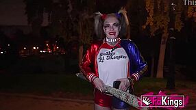harley quinn cosplay babe drops to knees sucking stranger cocks doggy style