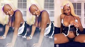 ebony maid cleans house bending in skimpy thong tease