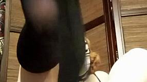 Petite girl teases in pantyhose and lingerie solo