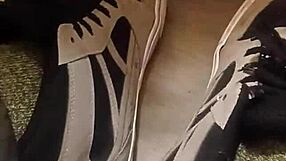 yo dude, wanna watch my friend go wild trashing these sneakers? total fetish fun!