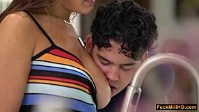 Suck my tits boyfriend, stepmom caught us but joins threesome fun