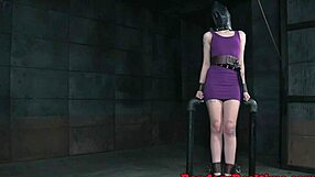 Inked sub chokes on toys while bound master dominates her roughly