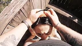 bold outdoor facefuck in hunting tower ends with deepthroat cum swallow