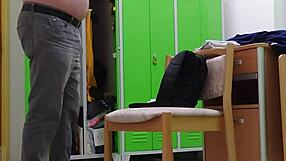 spying her undress at work in socks and heels