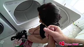 Naughty petite stepsis dirties laundry with bedroom group fingering sex