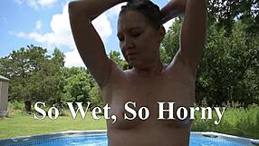 Hey, check out this wet granny flashing her shaved pussy by the pool.