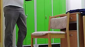 spying her undress at work in socks and heels