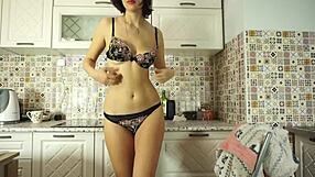 Curious brunette sneaks away for secretive kitchen self-pleasure indulgence