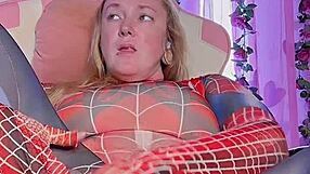 Spider girl rips clothes for close-up pussy play, plunging dildo into her huge wet hairy beaver.