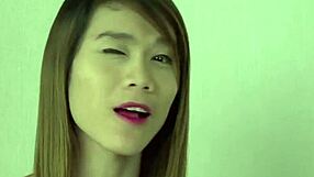 ladyboy strokes her hard solo cock with toy till she explodes