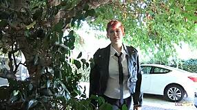 busty redhead licks brunette's trimmed pussy after car breakdown!