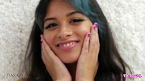 Brunette teen's perfect body on sofa craves daddy's cock in horny casting interview pov