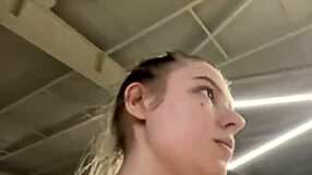 Chubby teen fingers fat pussy closeup during public workout masturbation