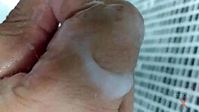 condom snaps during intense sex toy play leading to male cumshot explosion