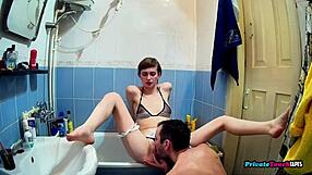 your skinny maid in lingerie drops to knees in bathroom sucking cock then bends for hard fuck