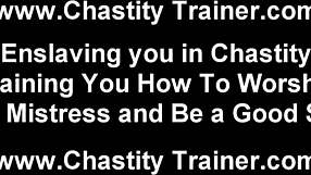 your cock trapped in chastity belt. mistress dominates spanks humiliates in bdsm cage pov