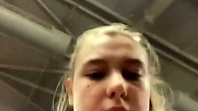 Chubby teen fingers fat pussy closeup during public workout masturbation