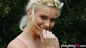 Big boobed natural blondie Jenessa Dawn strips outdoors shaved pussy