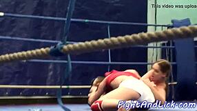 Busty Lesbians Catfight Wrestle Tits Out on Floor Hard