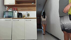 Risky kitchen sexo bareback with friend's young cock while husband showers almost caught cuckold