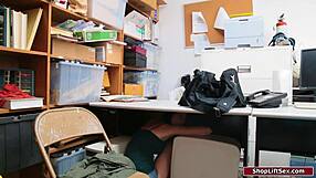 Hot shoplifter caught stealing. Horny officer bangs her deep office-style!