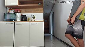 Risky kitchen sexo bareback with friend's young cock while husband showers almost caught cuckold