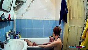 your skinny maid in lingerie drops to knees in bathroom sucking cock then bends for hard fuck