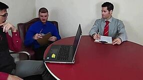 Bareback office slut takes double penetration from big cocks