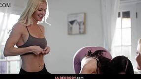 a straight housewife slimthick vic gets oiled up for erotic 4 hands massage by two hot lesbian masseuses serene siren and alex coal