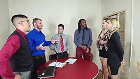 Bareback office slut takes double penetration from big cocks