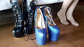 milf struts in shiny patent leather heels super high for foot fetish