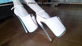 milf struts in shiny patent leather heels super high for foot fetish