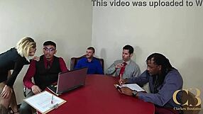 Bareback office slut takes double penetration from big cocks