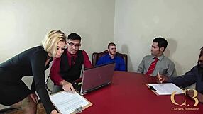 Bareback office slut takes double penetration from big cocks