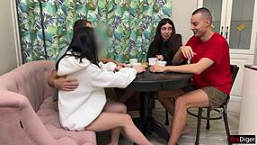 two couples swap partners for rough orgy and cum on wives' tits