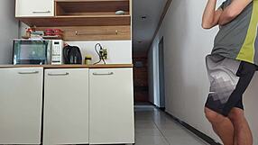 Risky kitchen sexo bareback with friend's young cock while husband showers almost caught cuckold