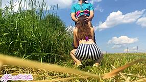 cute wife in dress sneaks outdoors gives boyfriend sloppy blowjob swallows every drop of cum