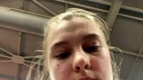 Chubby teen fingers fat pussy closeup during public workout masturbation